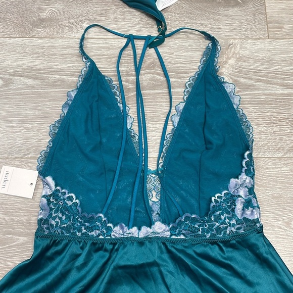 NWT Auden Halter Teal Satin Lace Strappy Back Babydoll Nightie and Thong Panty S - Picture 10 of 15